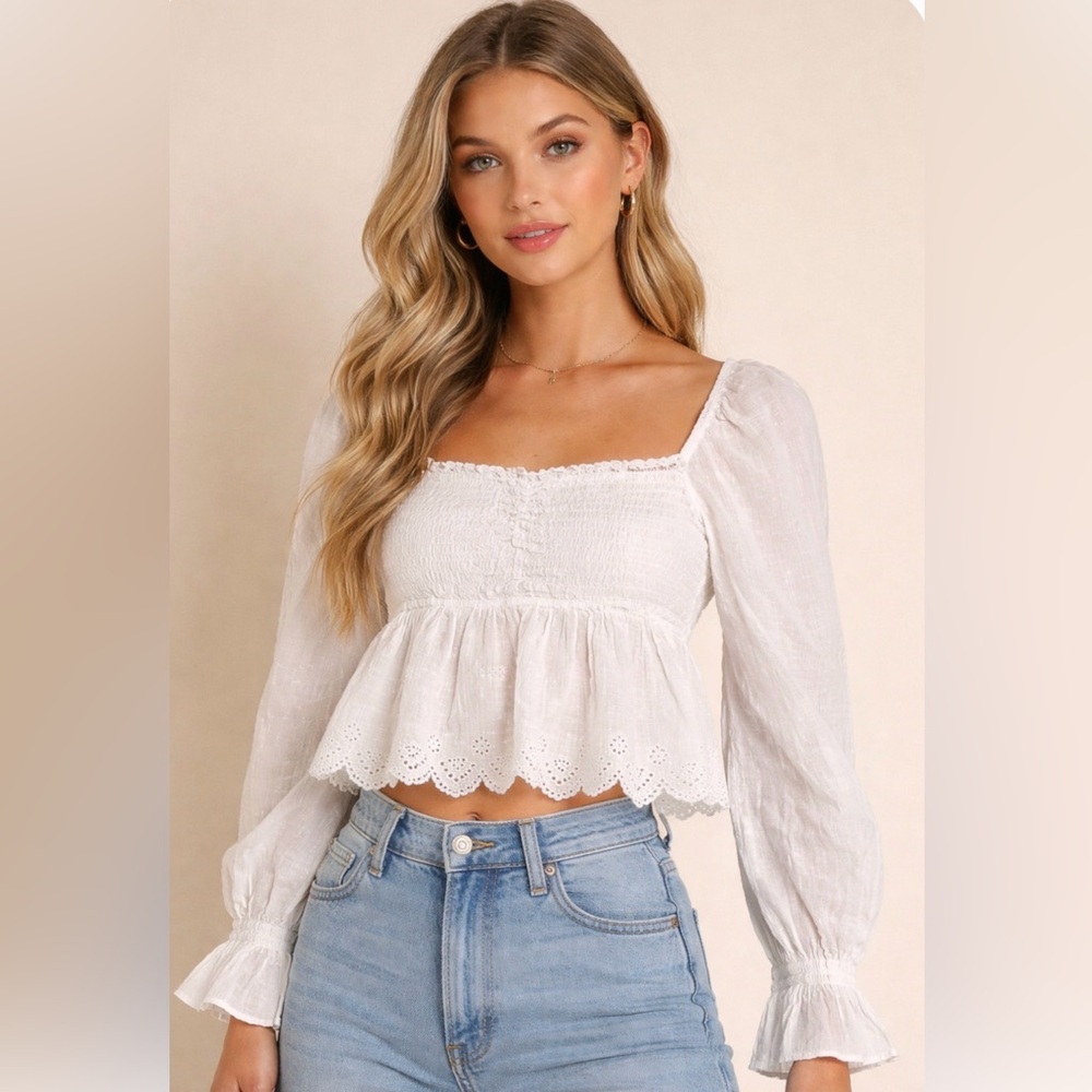 American Eagle Large Smocked White Peplum Blouse Boho Cottagecore LongSleeve Top